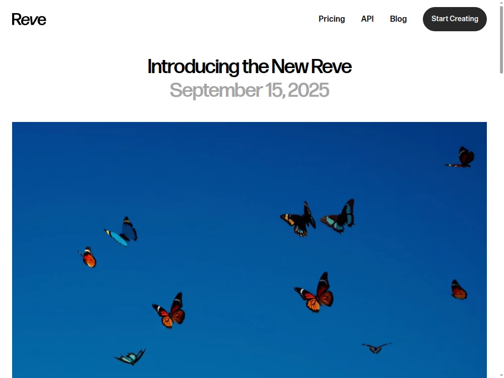 Screenshot of Introducing the New Reve, with butterflies against a blue sky