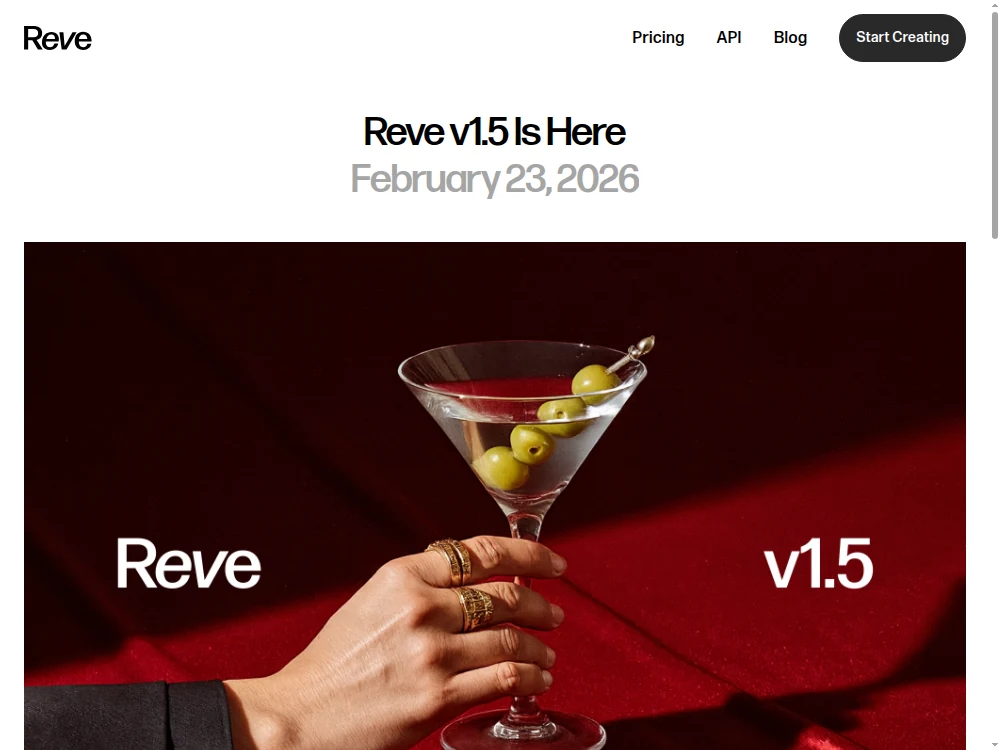 Screenshot of the Reve v1.5 release page, featuring a martini on red fabric